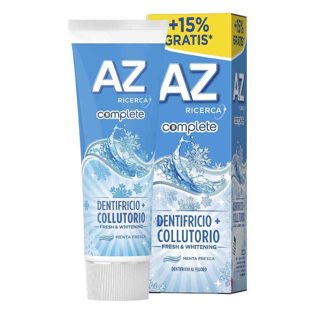 Zahnpasta-Tube und Schachtel. Aufschrift: AZ Ricerca complete, Dentifricio + Collutorio, Fresh & Whitening. +15% Gratis.
