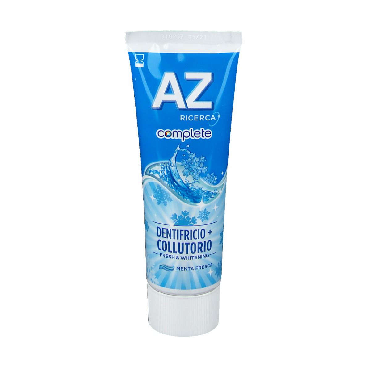 Zahnpasta-Tube. Aufschrift: AZ Ricerca complete, Dentifricio + Collutorio, Fresh & Whitening.