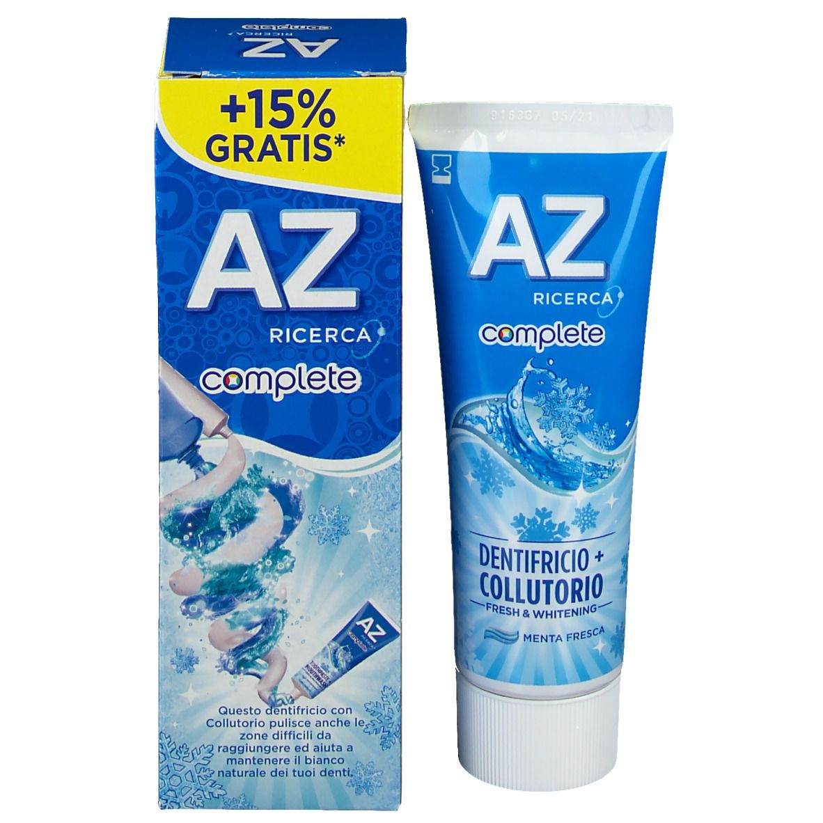 Zahnpasta-Tube und Schachtel. Aufschrift: AZ Ricerca complete, Dentifricio + Collutorio, Fresh & Whitening. +15% Gratis.