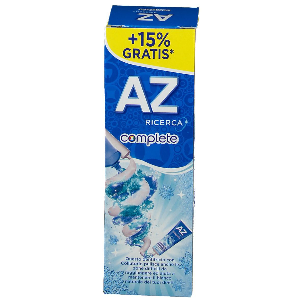 Schachtel. Aufschrift: AZ Ricerca complete. +15% Gratis. Rückseite mit Inhaltsstoffen und Informationen.