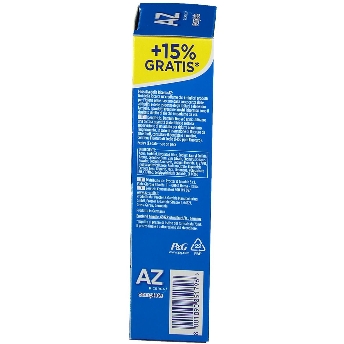 Rückseite der Schachtel. Aufschrift: AZ Ricerca complete. Inhaltsstoffe und Informationen.