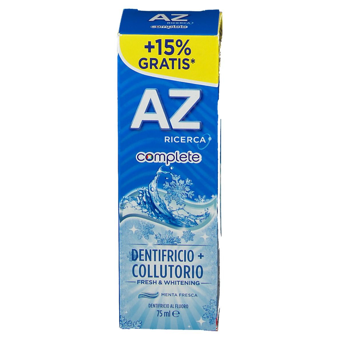 Schachtel. Aufschrift: AZ Ricerca complete, Dentifricio + Collutorio, Fresh & Whitening. +15% Gratis.