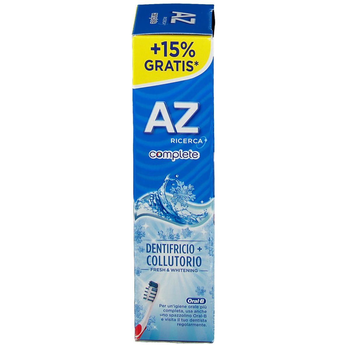 Schachtel. Aufschrift: AZ Ricerca complete, Dentifricio + Collutorio, Fresh & Whitening. +15% Gratis. Mit Zahnbürste.