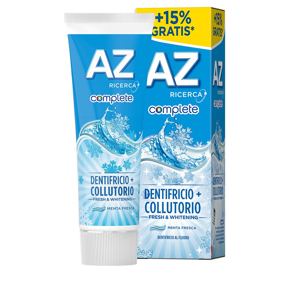 Zahnpasta-Tube und Schachtel. Aufschrift: AZ Ricerca complete, Dentifricio + Collutorio, Fresh & Whitening. +15% Gratis.
