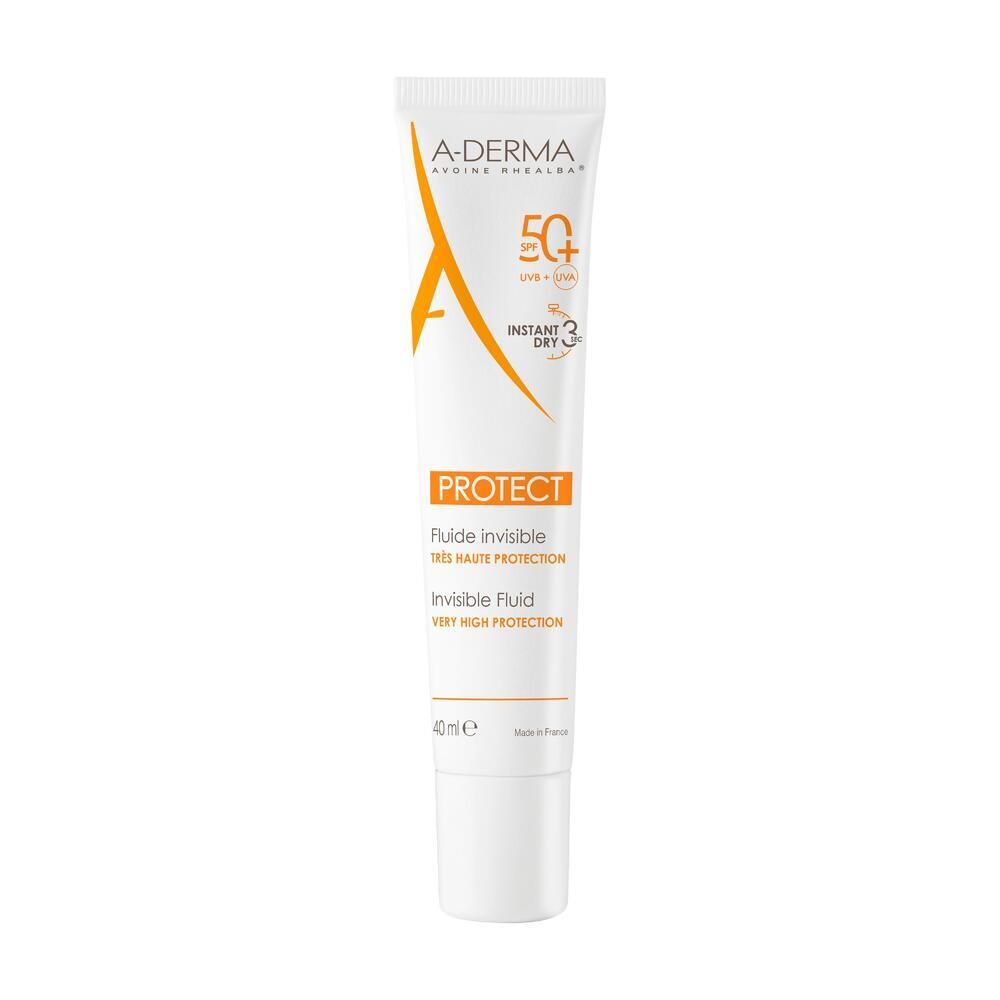 Tubo bianco A-DERMA Protect, SPF 50+. Dettagli arancioni. Testo: Invisible Fluid, 40 ml.