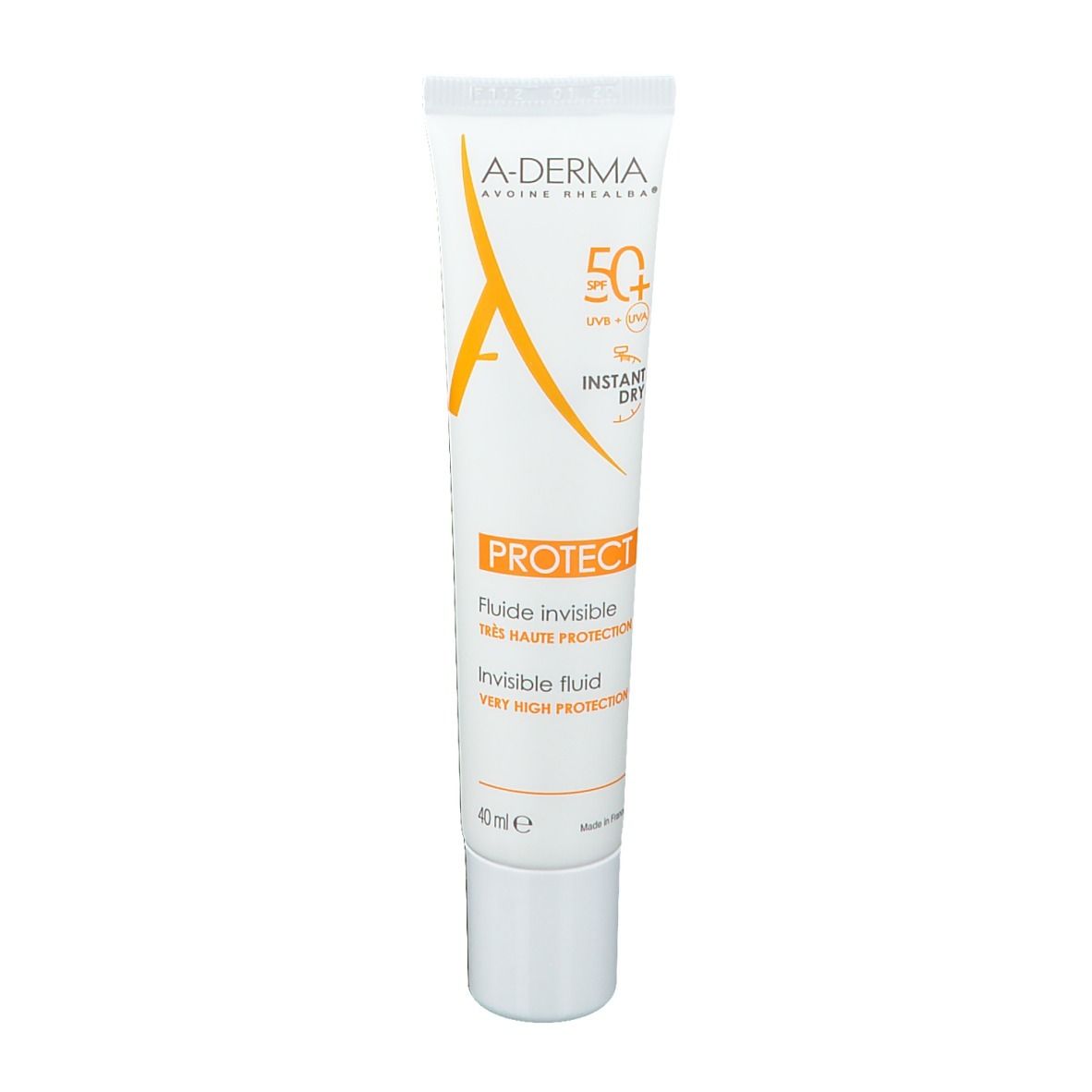 Tubo bianco A-DERMA Protect, SPF 50+. Testo: Invisible Fluid, 40 ml.