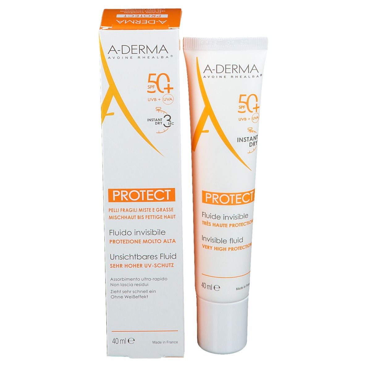 Confezione A-DERMA Protect. Testo: Protect, Invisible Fluid, per pelli miste.