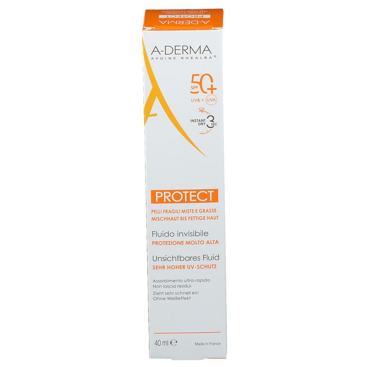 Confezione A-DERMA Protect. Testo: Protect, Invisible Fluid.