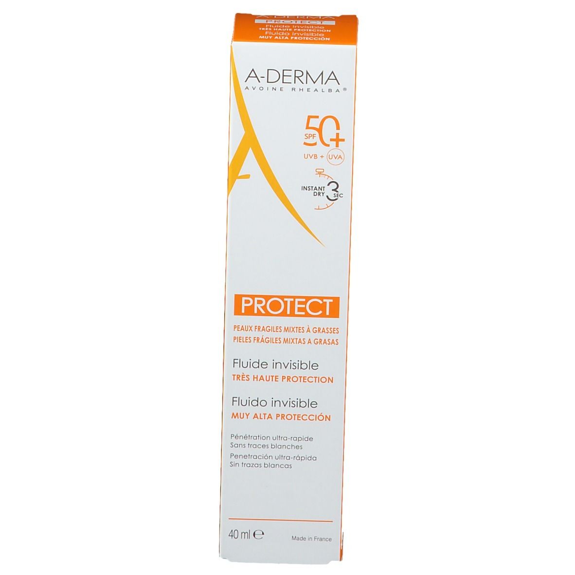 Confezione A-DERMA Protect. Testo: Protect, Invisible Fluid, pelli miste.