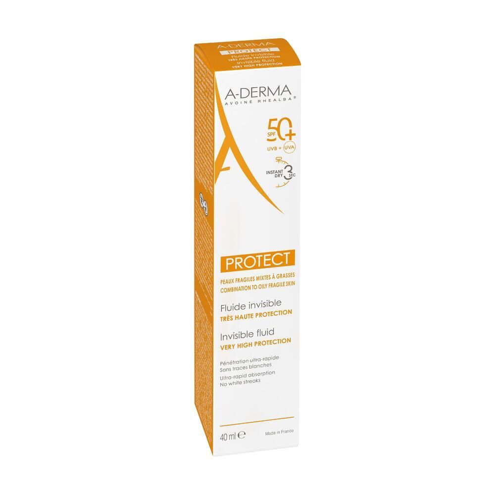 Confezione A-DERMA Protect. Arancione e bianca. Testo: Protect, Invisible Fluid, 40 ml.