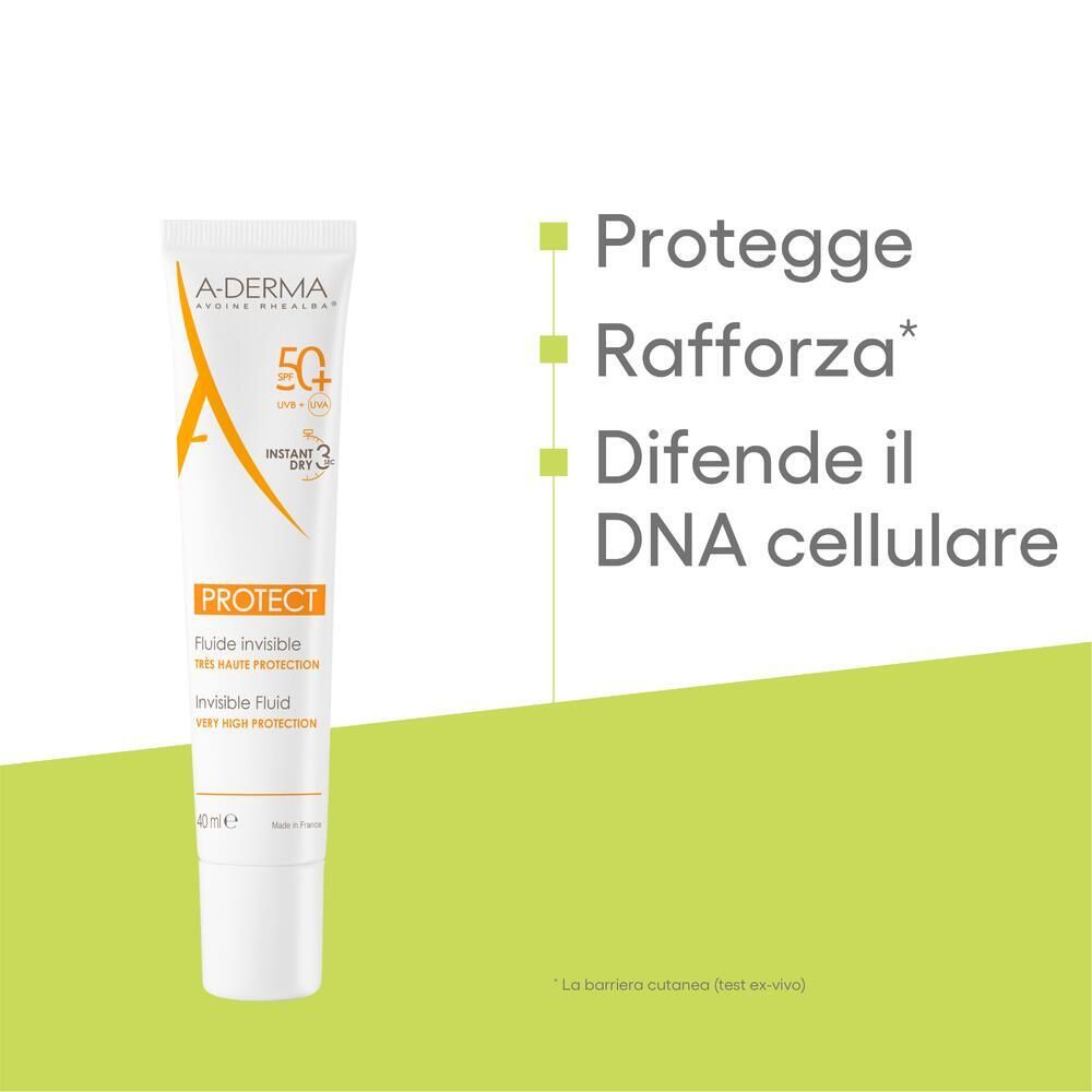 Tubo A-DERMA Protect, SPF 50+. Testo: Protegge, rafforza, difende il DNA cellulare.