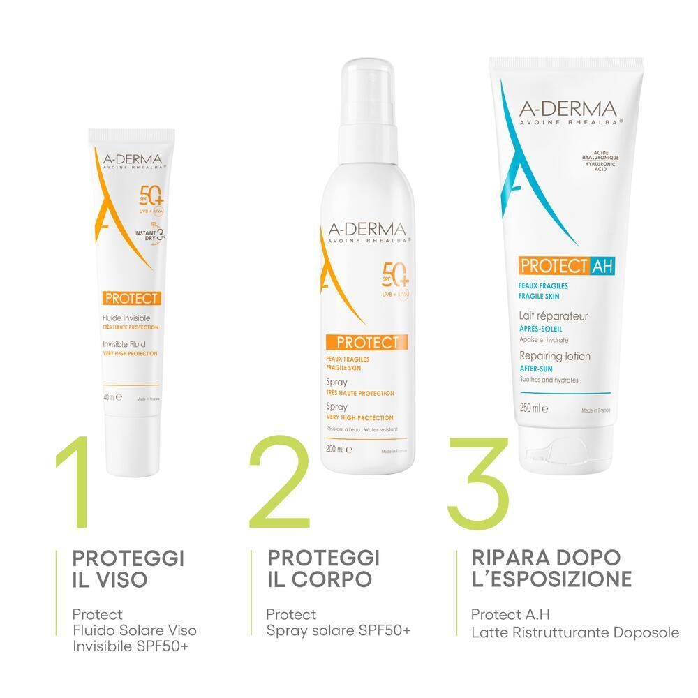 Tre prodotti A-DERMA Protect: viso, corpo, lozione doposole.