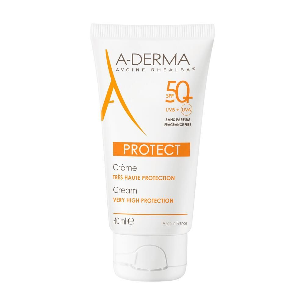 Tubo bianco con stampa arancione. Contiene crema SPF 50+. Testo: PROTECT, Crema, protezione molto alta. 40 ml.