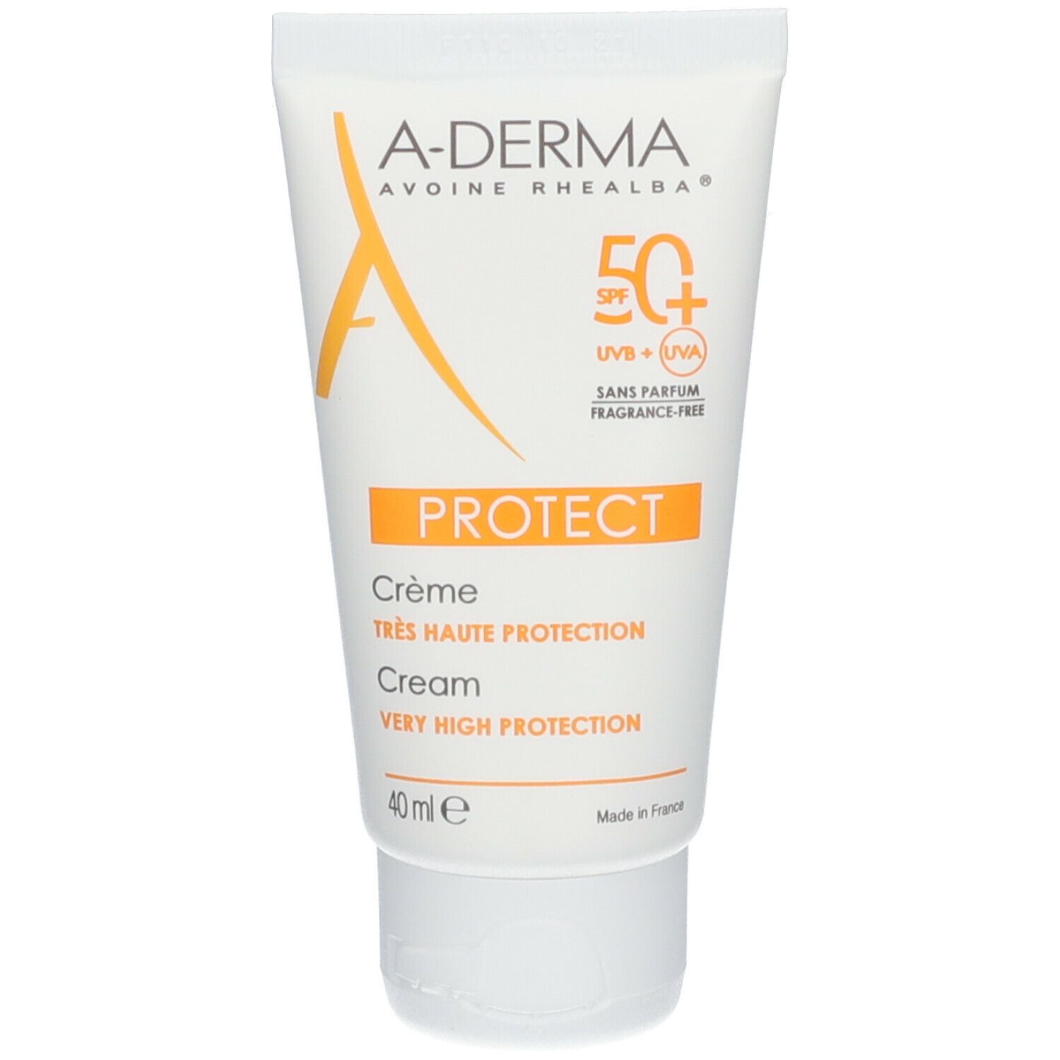 Tubo bianco con stampa arancione. Contiene crema SPF 50+. Testo: PROTECT, Crema, protezione molto alta. 40 ml.
