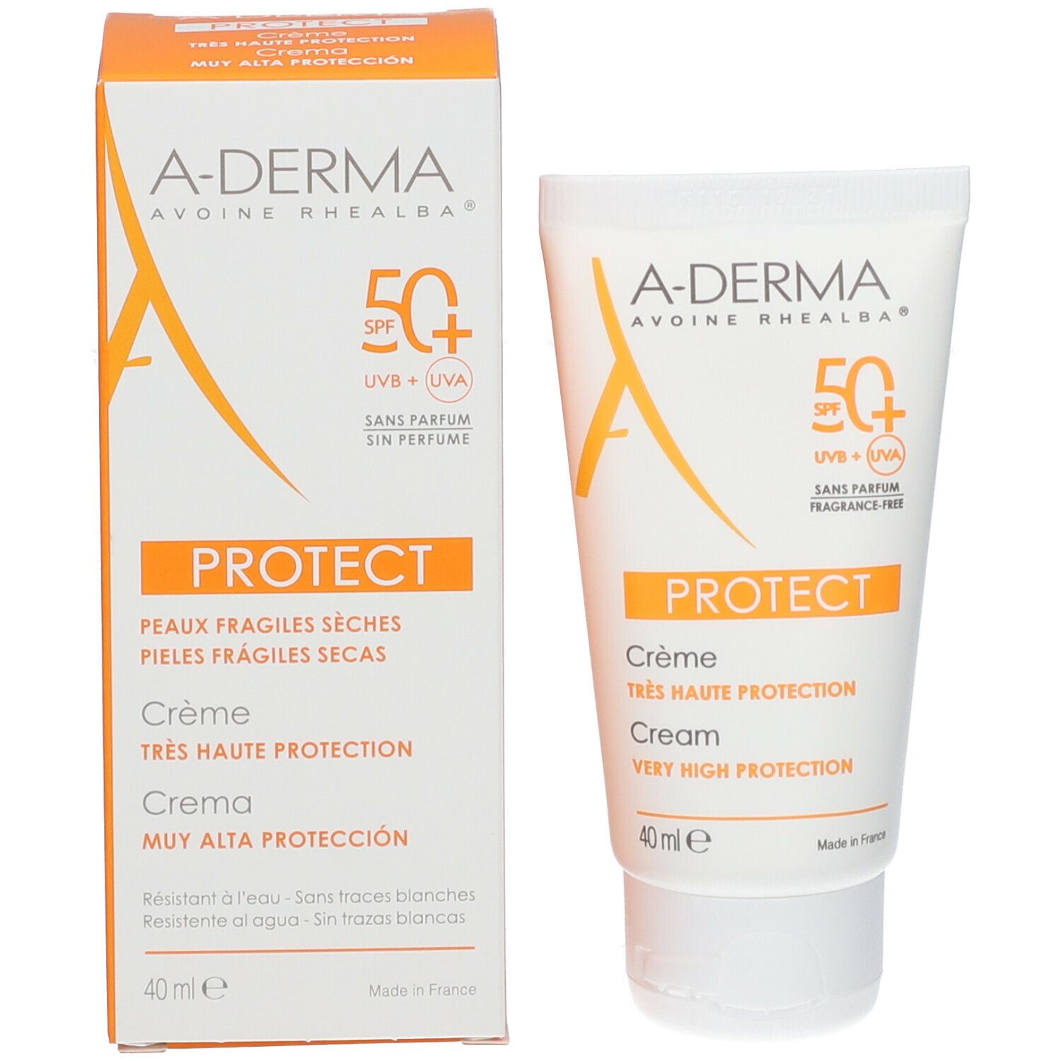 Confezione e tubo. Cartone arancione/bianco. Tubo bianco. Testo: PROTECT, Crema, protezione molto alta. 40 ml. SPF 50+.