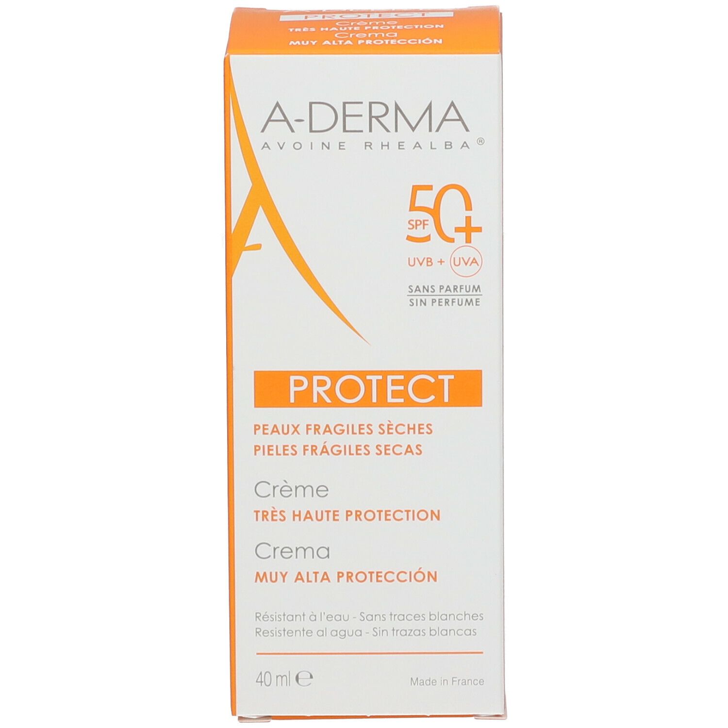 Confezione in cartone arancione e bianco. Testo: PROTECT, per pelli secche e fragili. Crema, protezione molto alta. 40 ml.