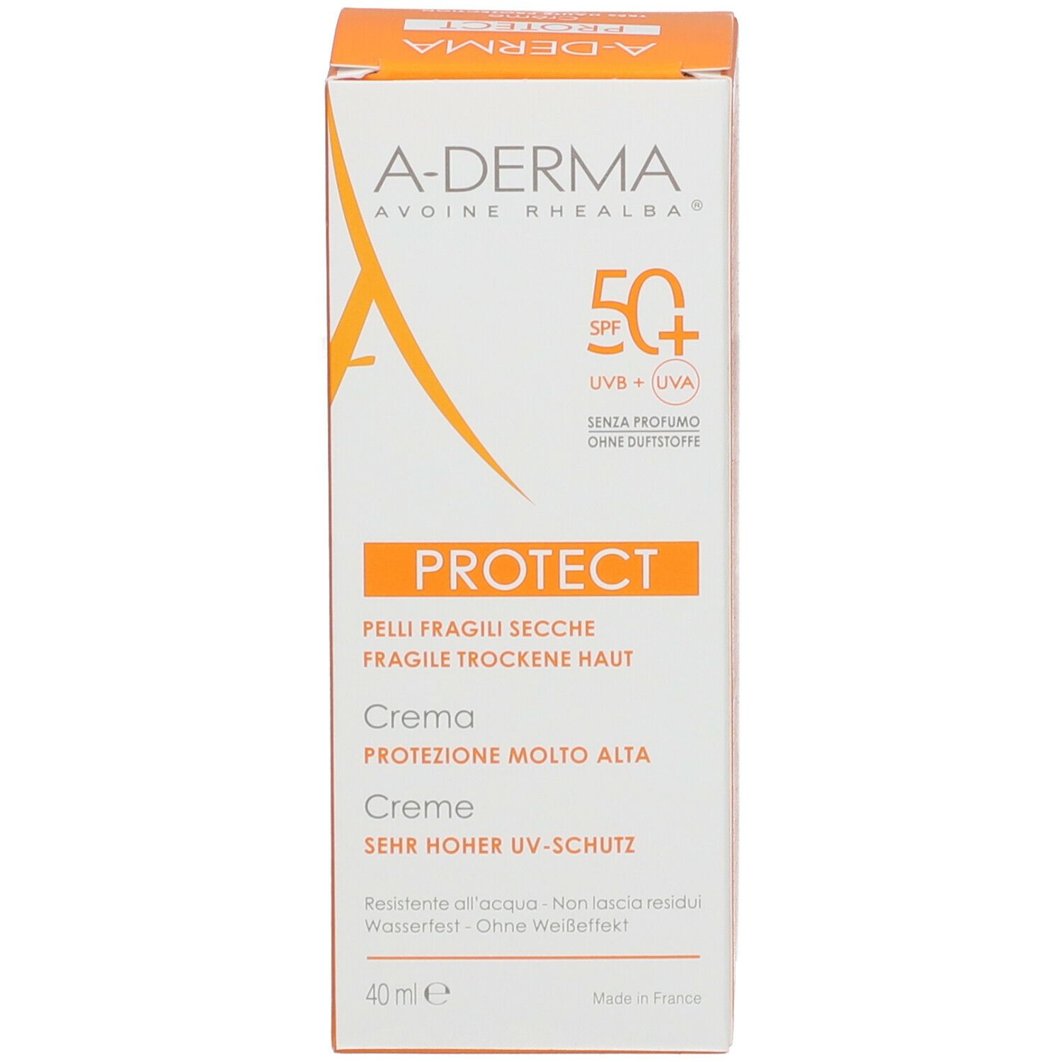 Confezione in cartone arancione e bianco. Testo: PROTECT, per pelli secche e fragili. Crema, protezione molto alta. 40 ml.