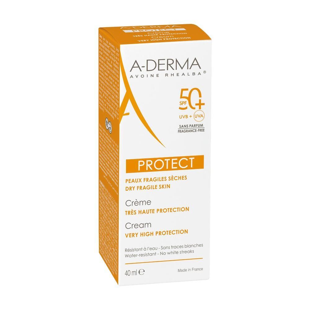 Confezione in cartone arancione e bianco. Testo: PROTECT, per pelli secche e fragili. Crema, protezione molto alta. 40 ml.