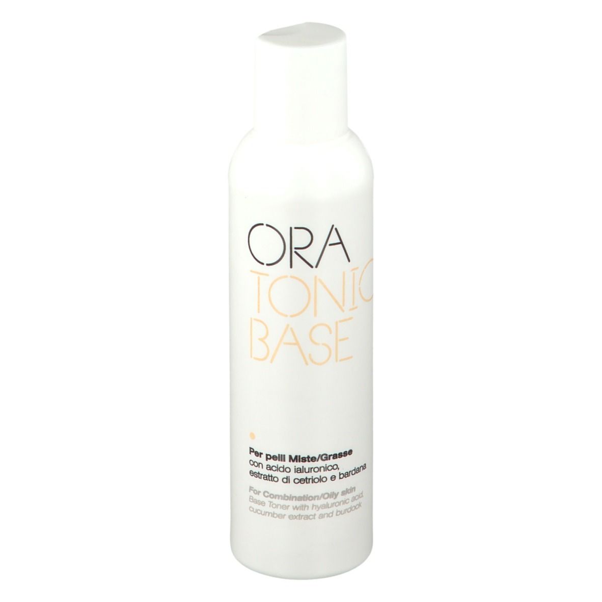 Weiße Flasche mit weißem Deckel. Aufschrift: ORA TONIC BASE. Text in Italienisch und Englisch.