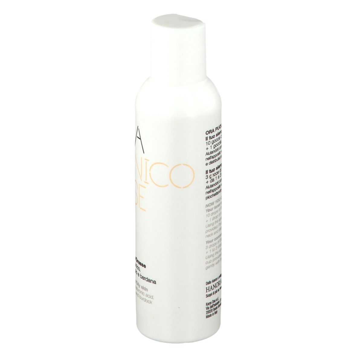 Weiße Flasche mit weißem Deckel. Aufschrift: ORA TONICO BASE. Text in Italienisch und Englisch.