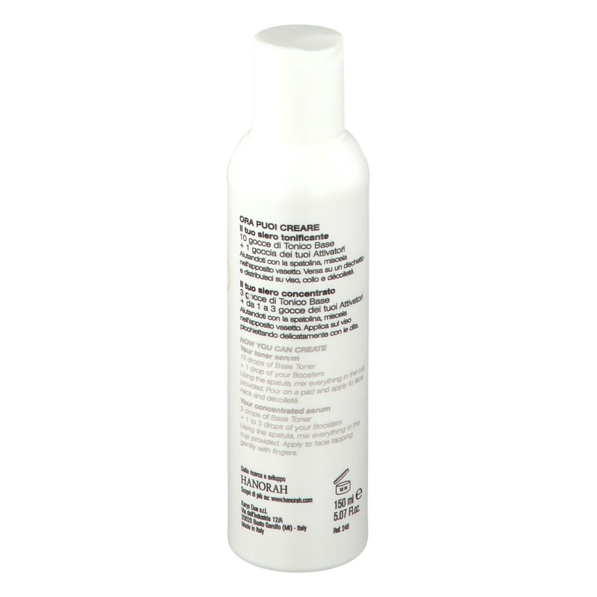 Weiße Flasche mit weißem Deckel. Aufschrift: ORA TONICO BASE. Text in Italienisch und Englisch.