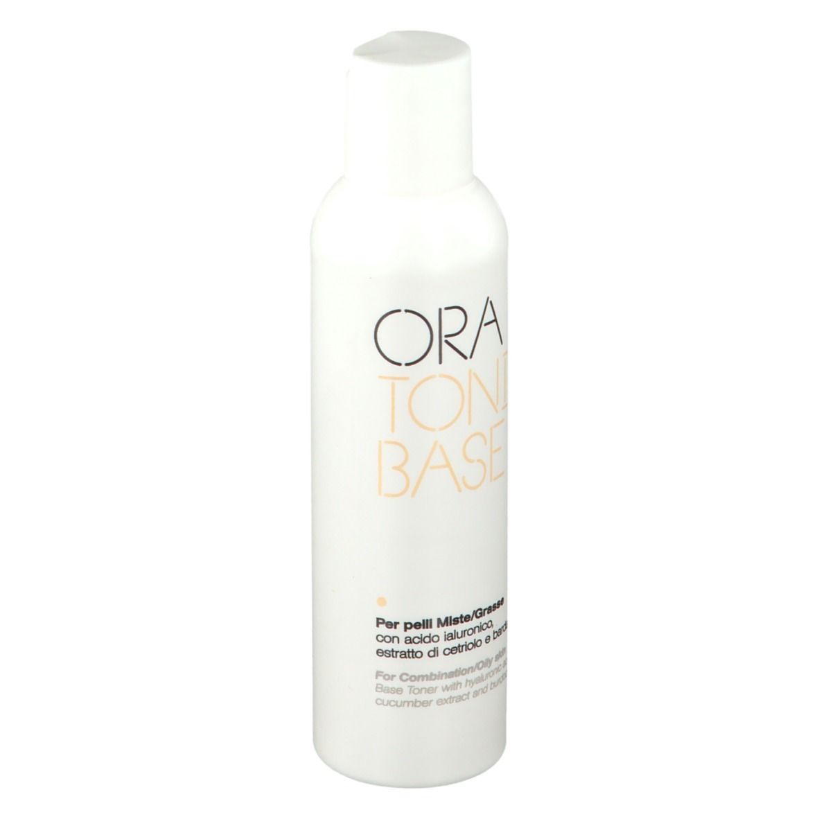 Weiße Flasche mit weißem Deckel. Aufschrift: ORA TONICO BASE. Text in Italienisch und Englisch.