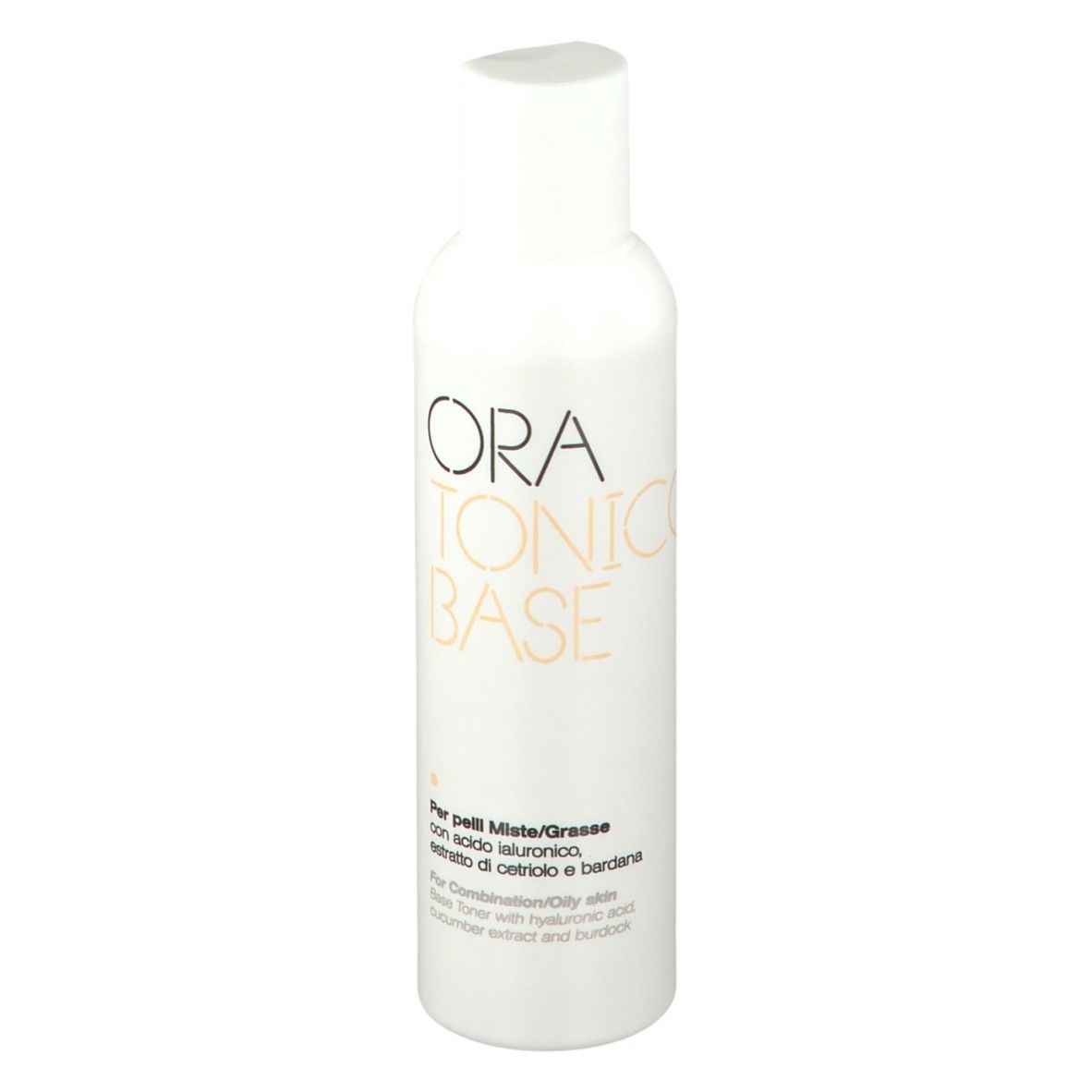 Weiße Flasche mit weißem Deckel. Aufschrift: ORA TONICO BASE. Text in Italienisch und Englisch.