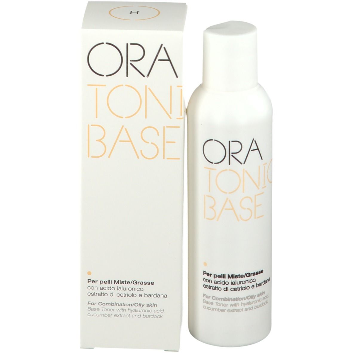 Produktverpackung mit Flasche. Aufschrift: ORA TONICO BASE. Text in Italienisch und Englisch.
