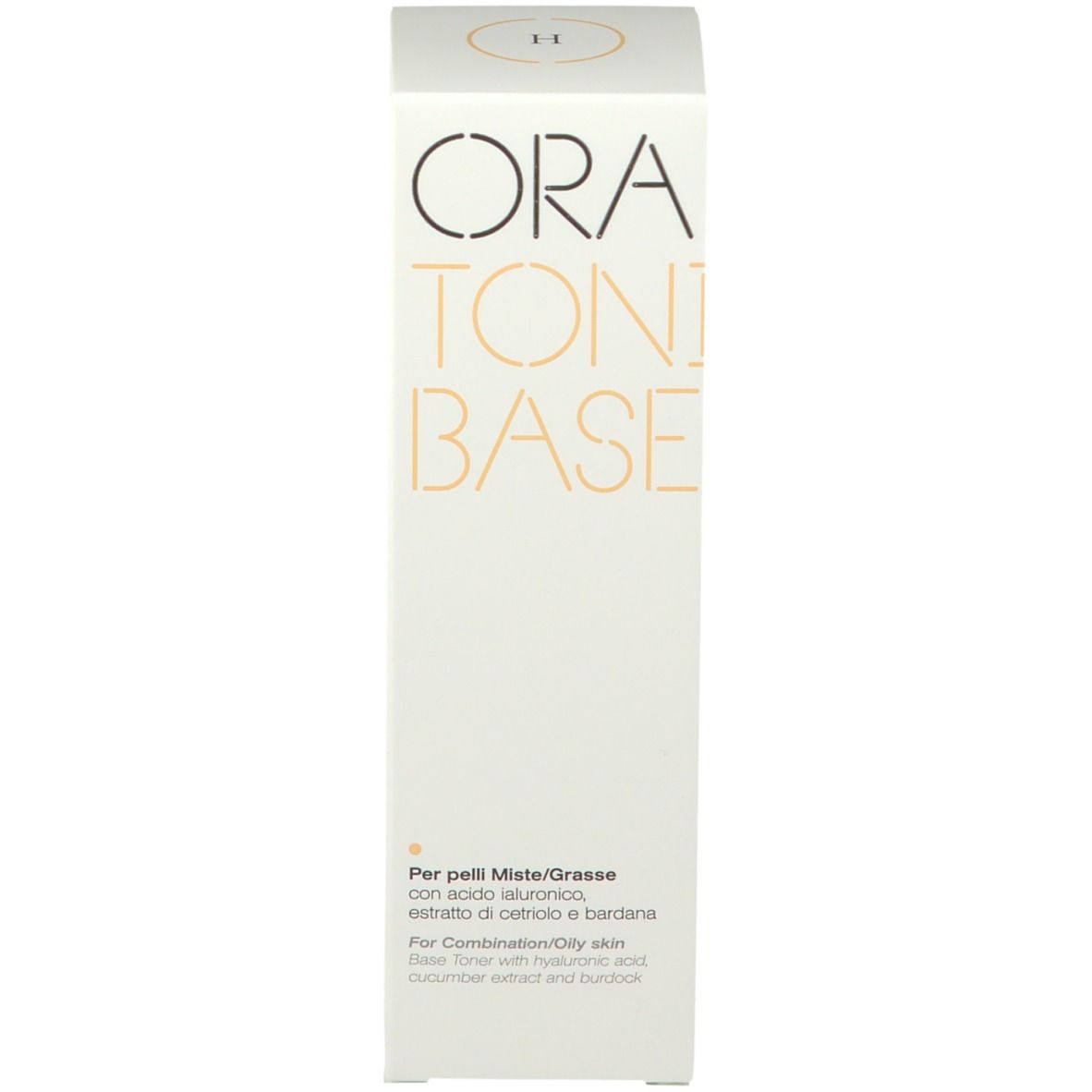 Weiße Produktverpackung. Aufschrift: ORA TONICO BASE. Text in Italienisch und Englisch.