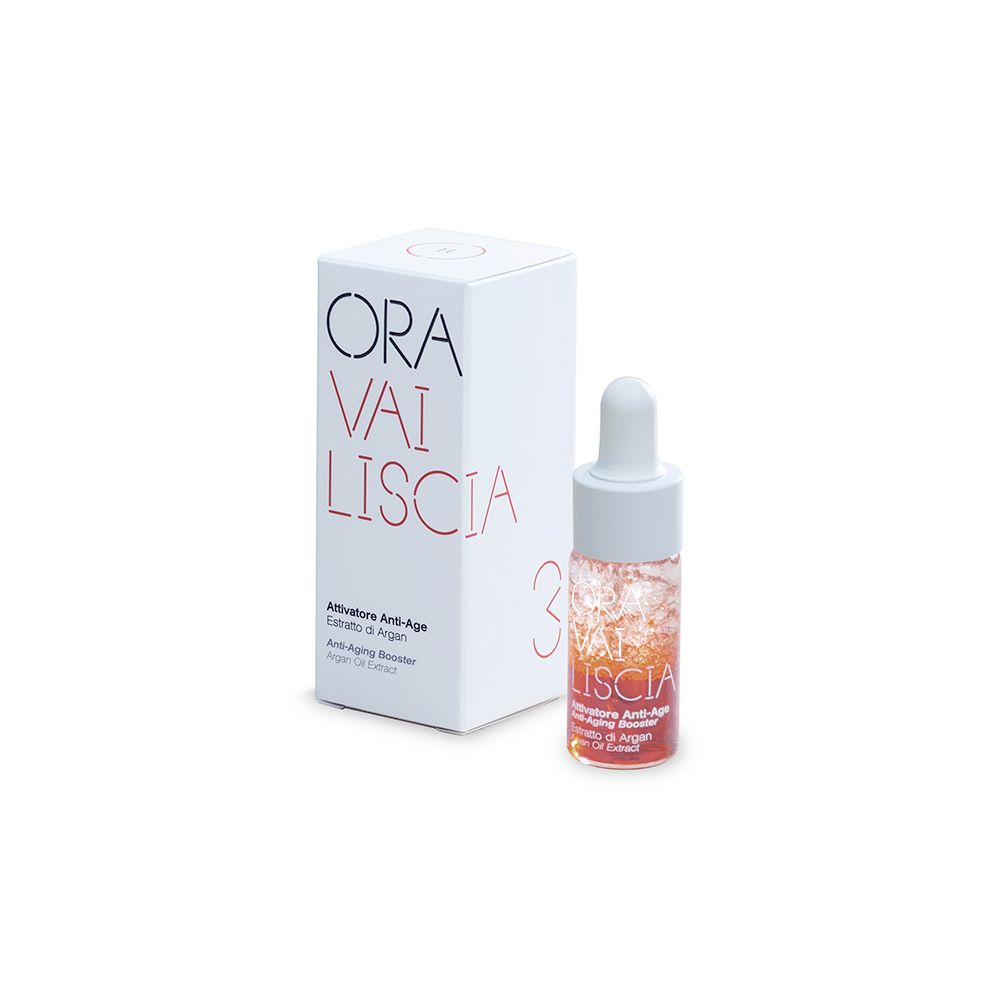 ORA Vai Lisc, activateur anti-âge et emballage. Flacon avec pipette et informations produit.