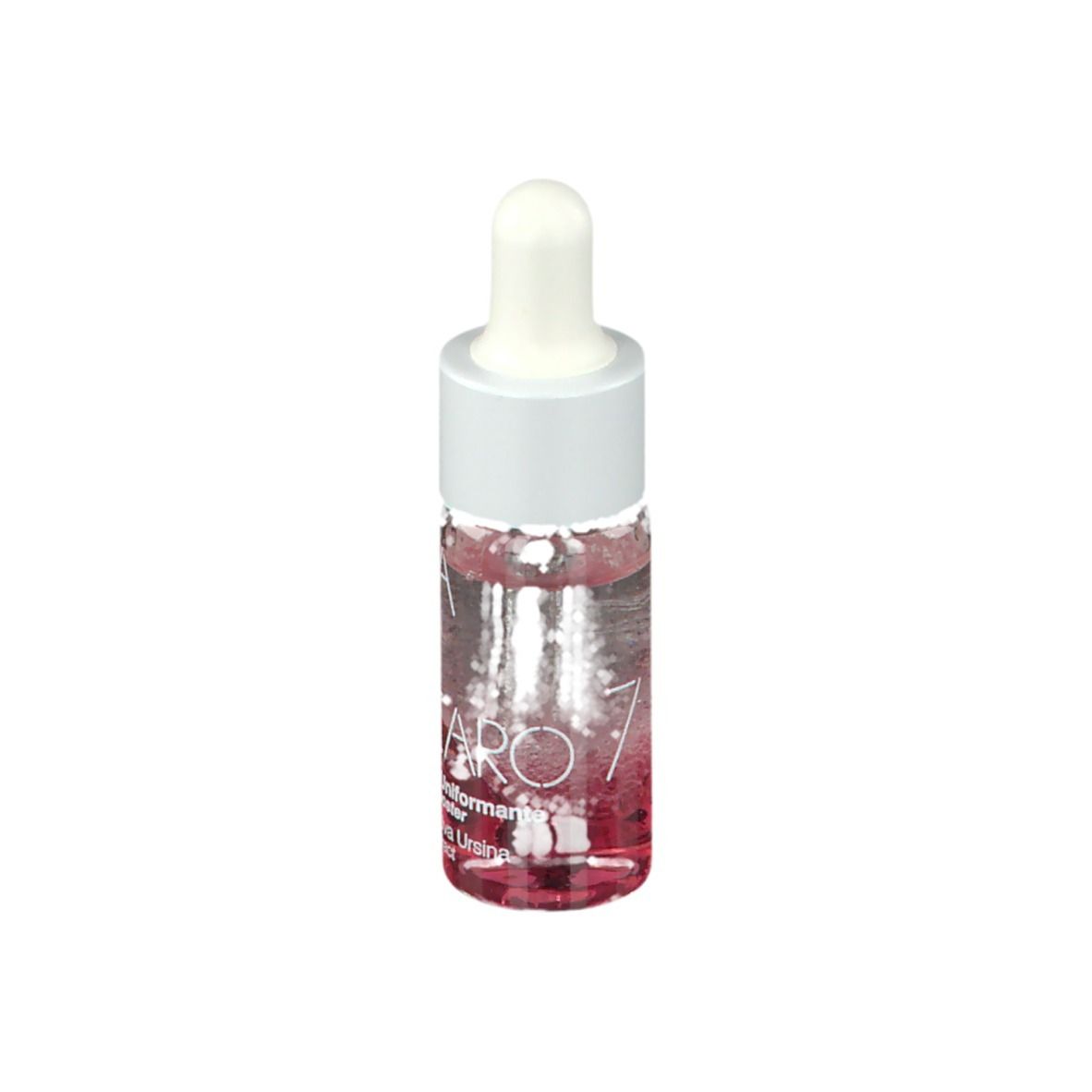 Petit flacon en verre avec pipette blanche. Le flacon contient un liquide rose.