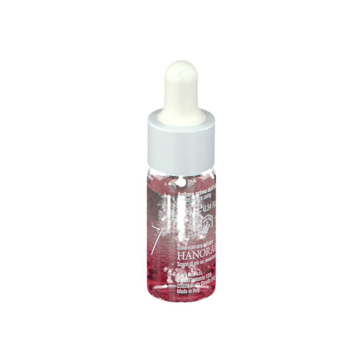 Petit flacon en verre avec pipette blanche. Le flacon contient un liquide rose.