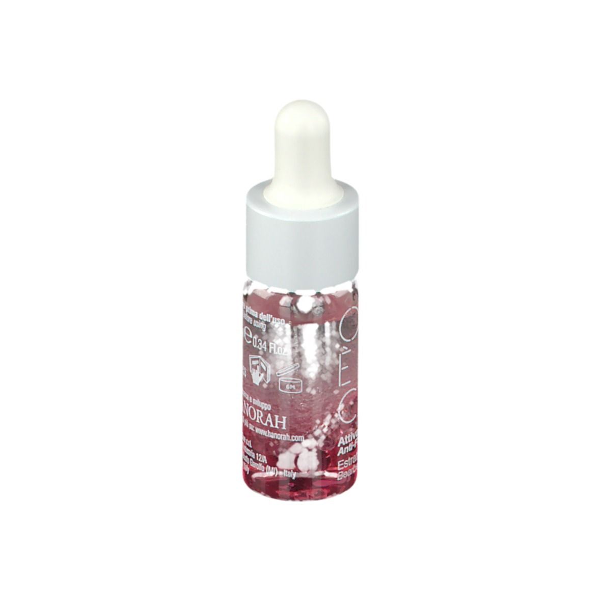 Petit flacon en verre avec pipette blanche. Le flacon contient un liquide rose.