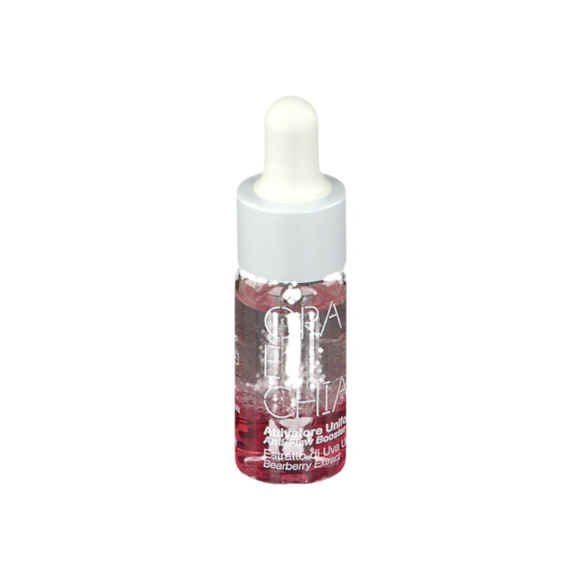Petit flacon en verre avec pipette blanche. Le flacon contient un liquide rose.