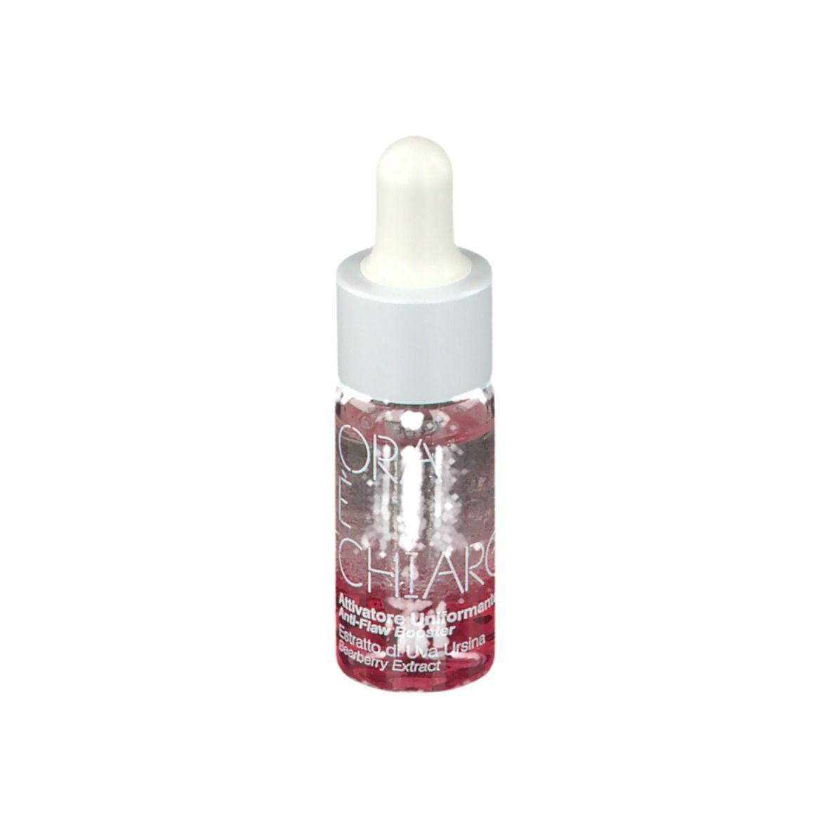 Petit flacon en verre avec pipette blanche. Le flacon contient un liquide rose.
