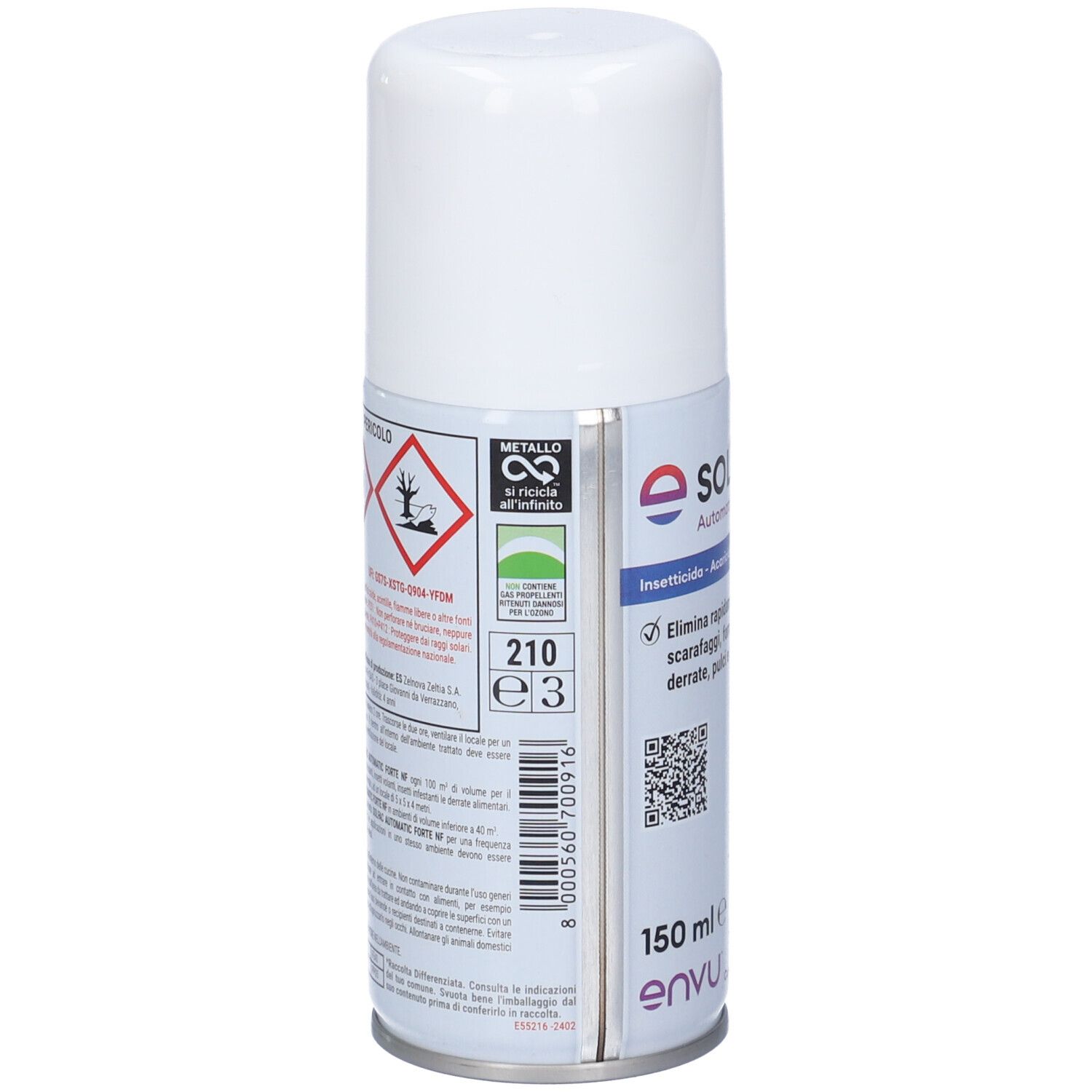 Rückseite der Sprühdose. Enthält Warnhinweise und Recycling-Symbol. 150 ml. Gefahrensymbole.