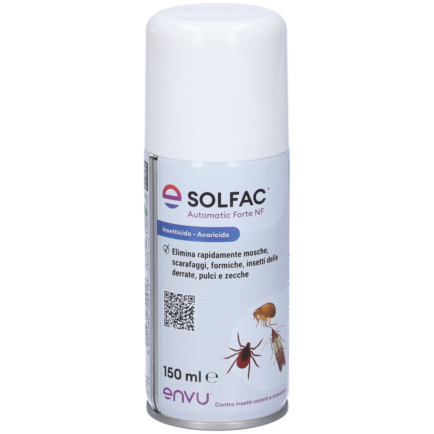 Weiß-blaue Sprühdose mit SOLFAC Automatic Forte NF-Etikett. Enthält Insektizid. Abbildung von Insekten.
