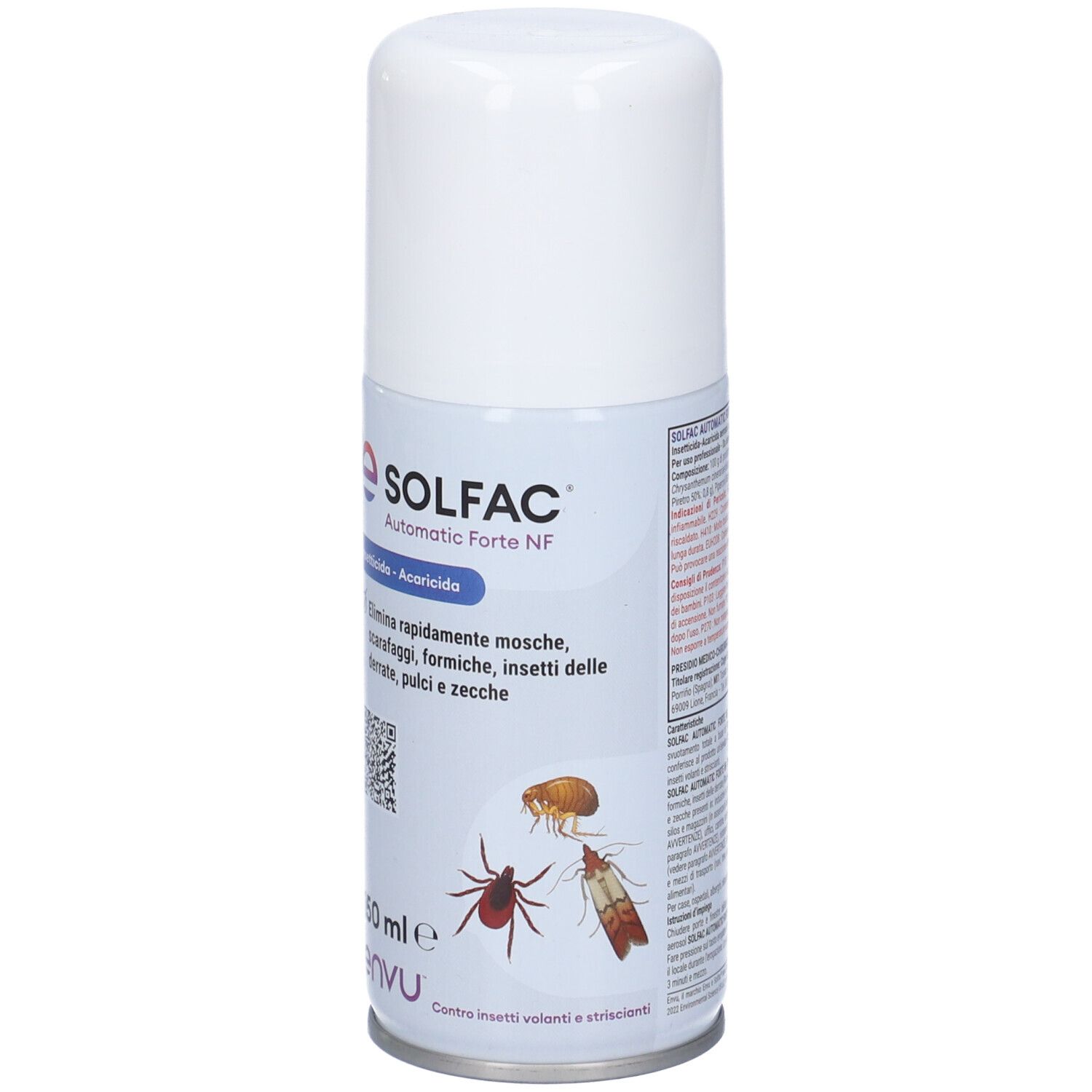 Weiß-blaue Sprühdose mit SOLFAC Automatic Forte NF-Etikett. Enthält Insektizid. Abbildung von Insekten.