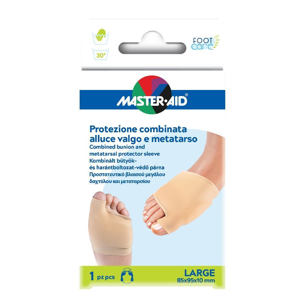 Confezione di protezione per piedi. Scritta: MASTER AID, Protezione combinata alluce valgo e metatarso. Taglia: LARGE, 85x95x10 mm.