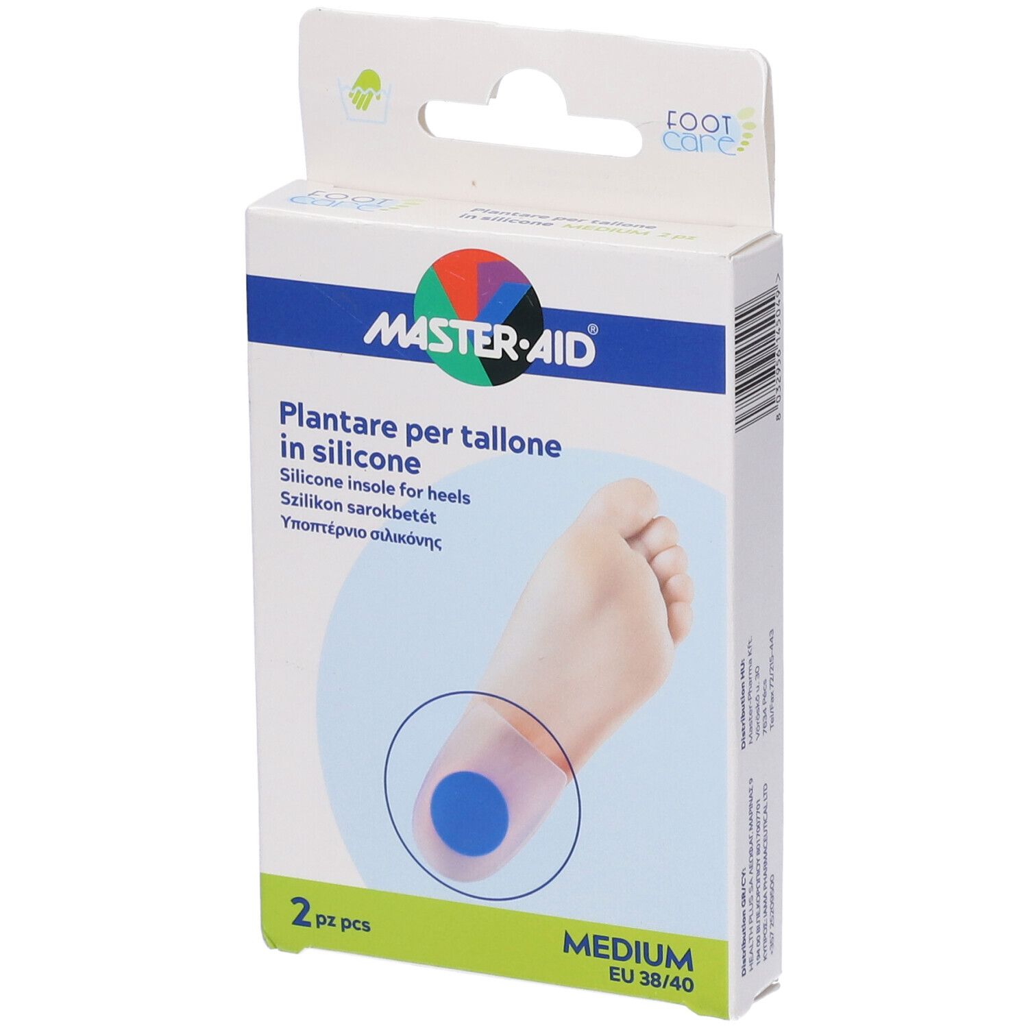 Confezione Master-Aid cuscinetti per tallone. 2 pezzi, Medium, EU 38/40. Immagine del prodotto su sfondo bianco.