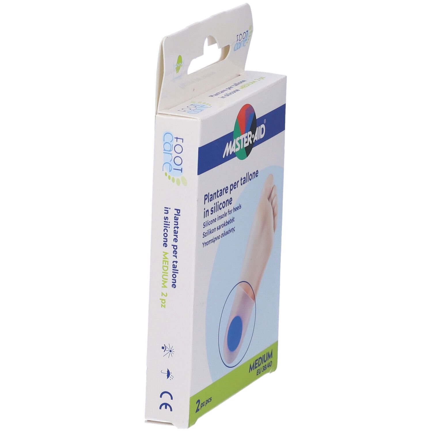 Confezione Master-Aid cuscinetti per tallone, vista laterale. 2 pezzi, Medium, EU 38/40. Immagine del prodotto.