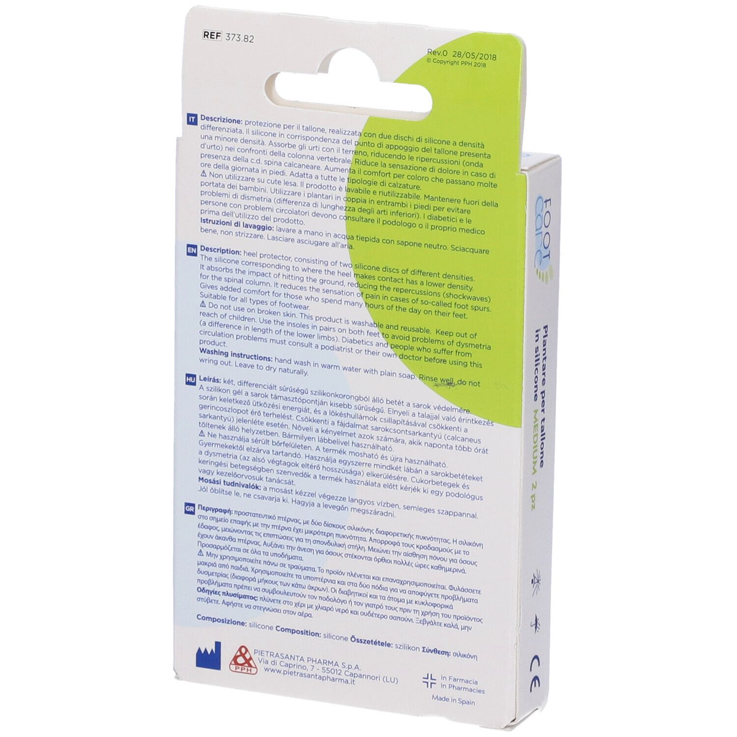 Retro della confezione Master-Aid cuscinetti per tallone. Testo multilingue. Informazioni sul prodotto.