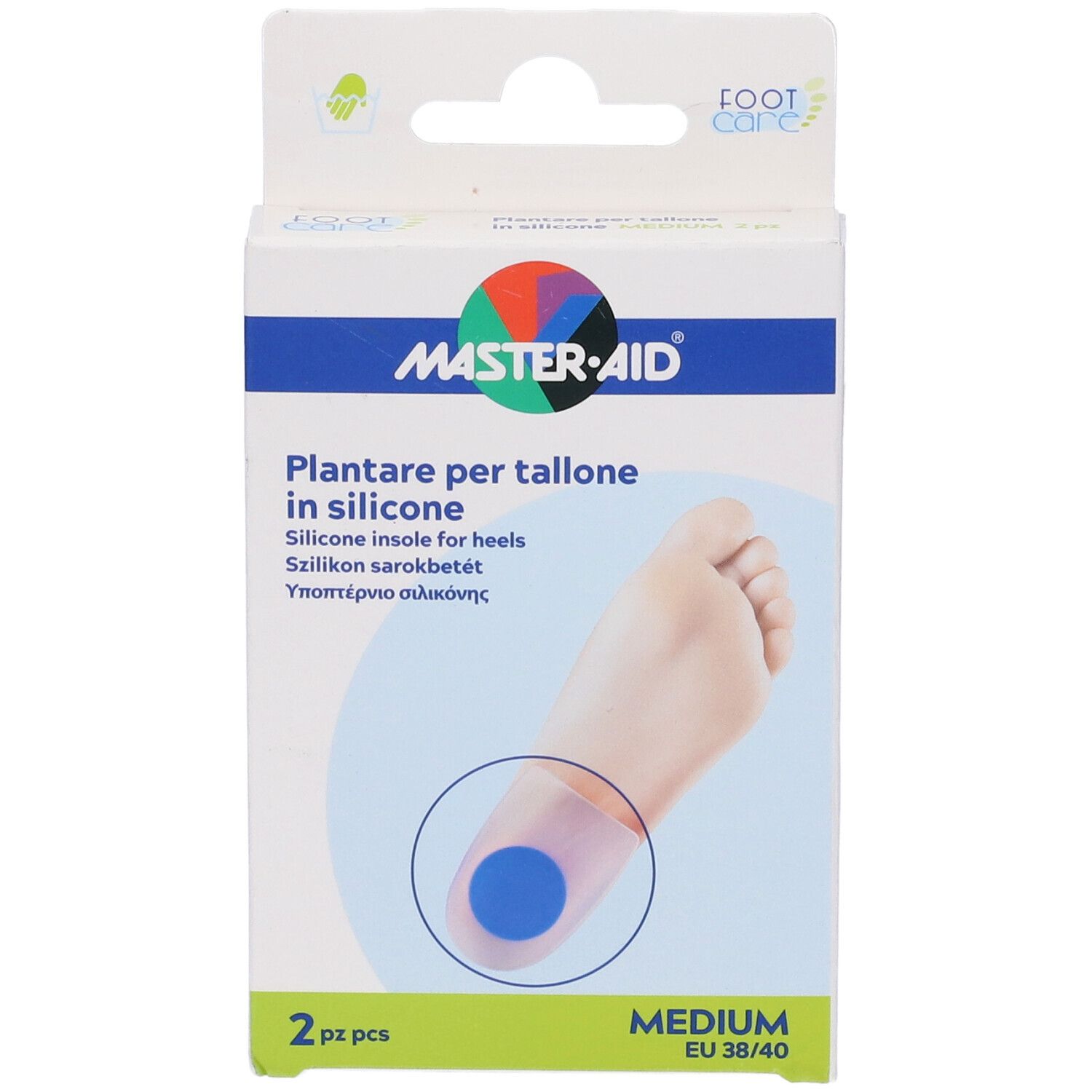 Confezione Master-Aid cuscinetti per tallone. 2 pezzi, Medium, EU 38/40. Immagine del prodotto su sfondo bianco.
