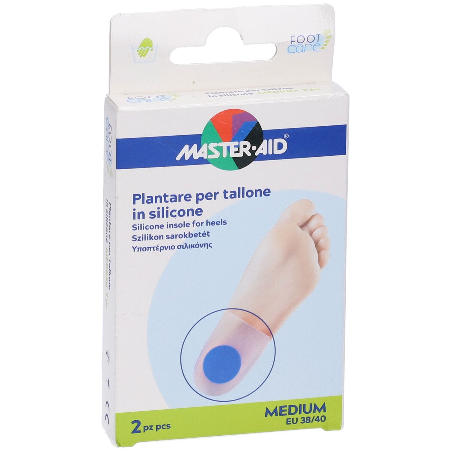 Confezione Master-Aid cuscinetti per tallone. 2 pezzi, Medium, EU 38/40. Immagine del prodotto su sfondo bianco.
