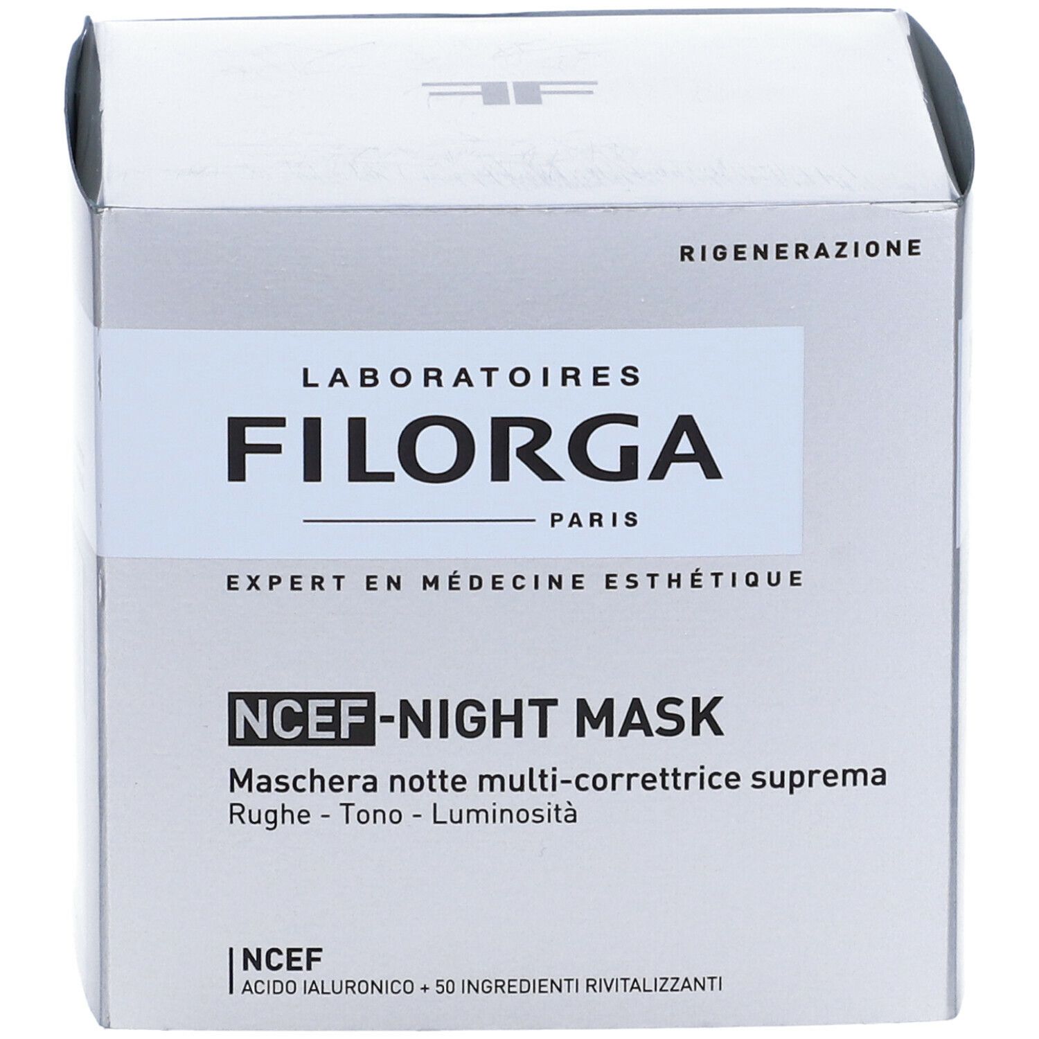Emballage argenté. Inscription: FILORGA PARIS, NCEF-NIGHT MASK. Texte: Expert en médecine esthétique.