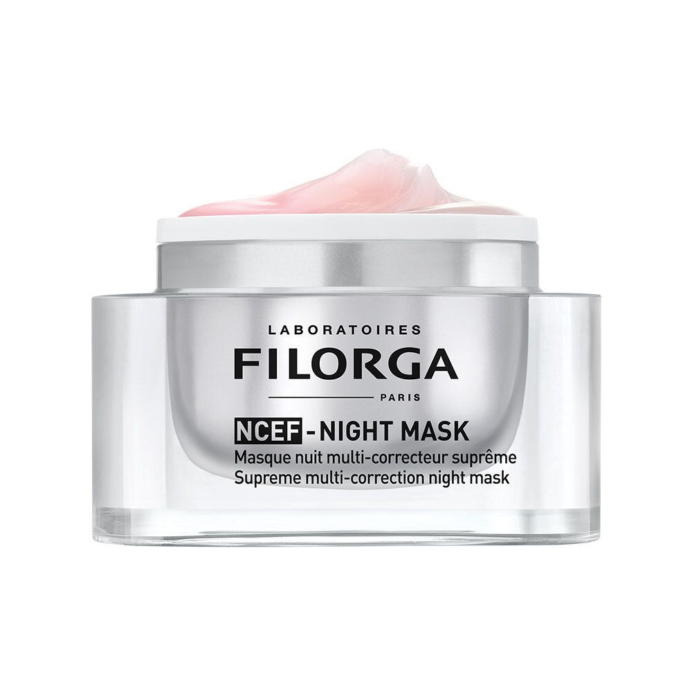 Pot ouvert avec masque. Inscription: FILORGA PARIS, NCEF-NIGHT MASK. Masque rose visible.