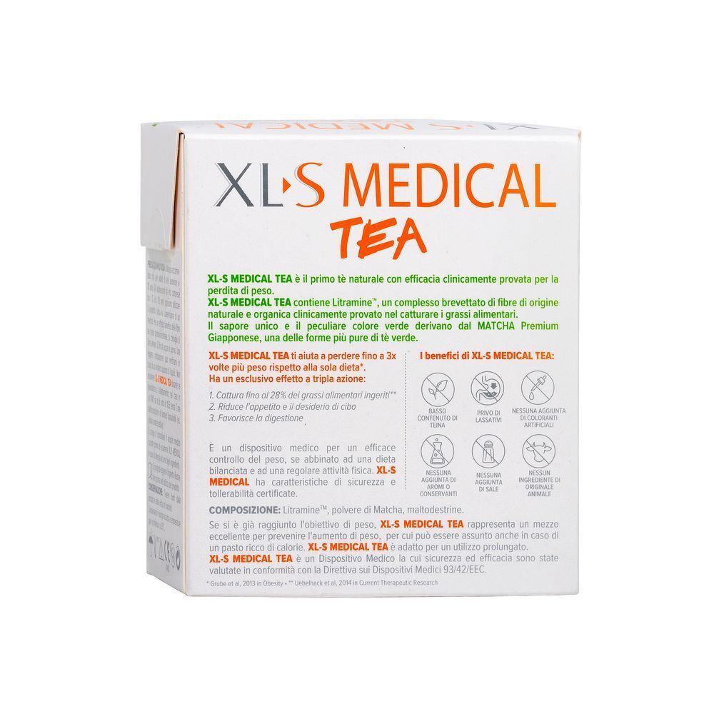 Retro della scatola XL-S Medical Tea. Informazioni testuali e illustrazioni. Nome prodotto: XL-S Medical Tea.