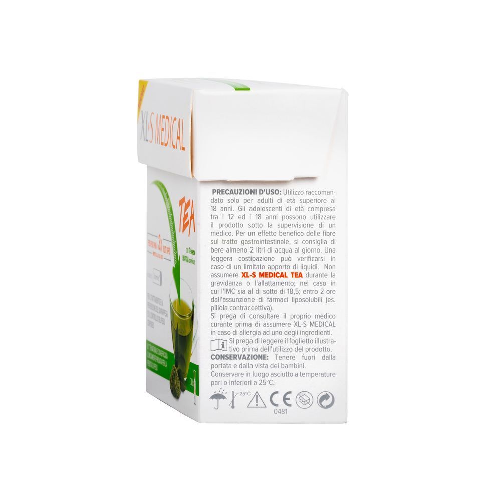 Lato della scatola XL-S Medical Tea. Informazioni testuali e illustrazioni. Nome prodotto: XL-S Medical Tea.