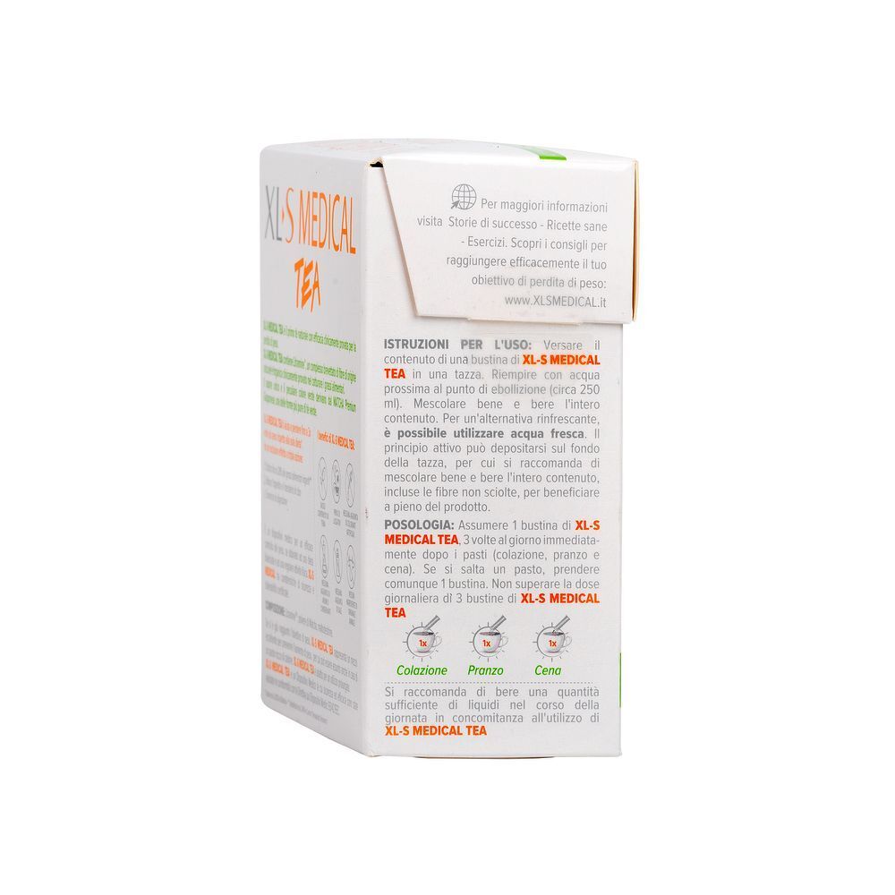 Lato della scatola XL-S Medical Tea. Informazioni testuali e illustrazioni. Nome prodotto: XL-S Medical Tea.