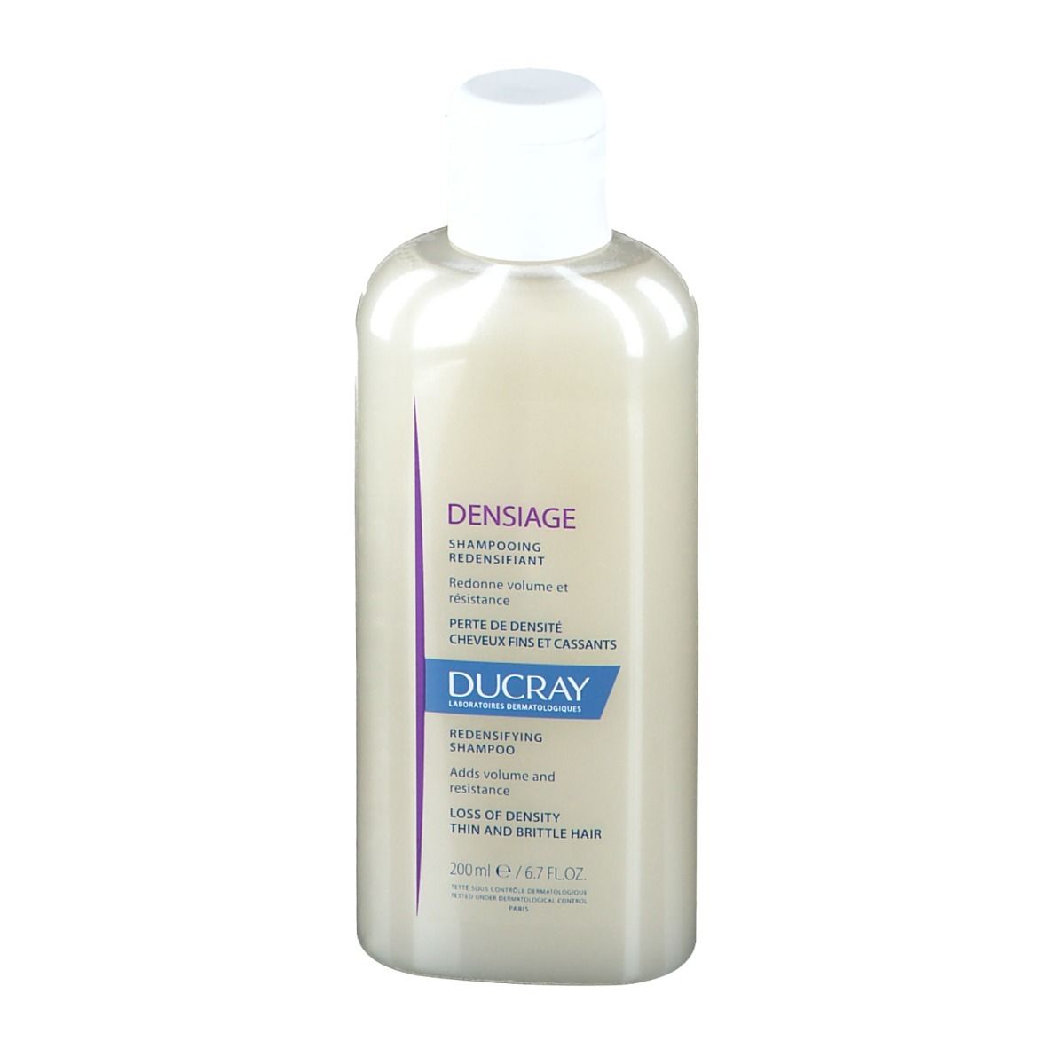 Flacone di shampoo beige con tappo bianco. Scritte: Densiage, Shampooing Redensifiant, Ducray. 200ml.